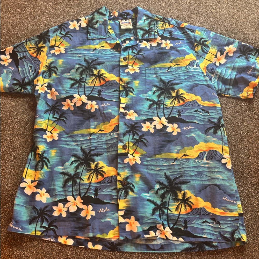 Men’s Sz Large Hawaiian Togs  made in Hawaii Floral Button-Up Shirt water trees